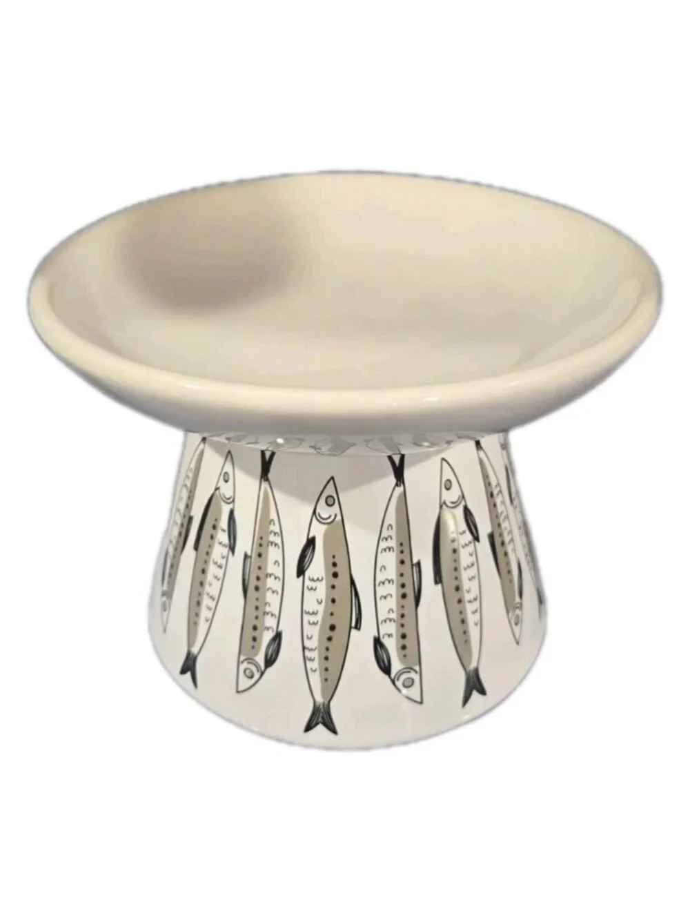 New MCM Brown Black Sardines Fish Ceramic Raised Cat Pedestal Food Bowl